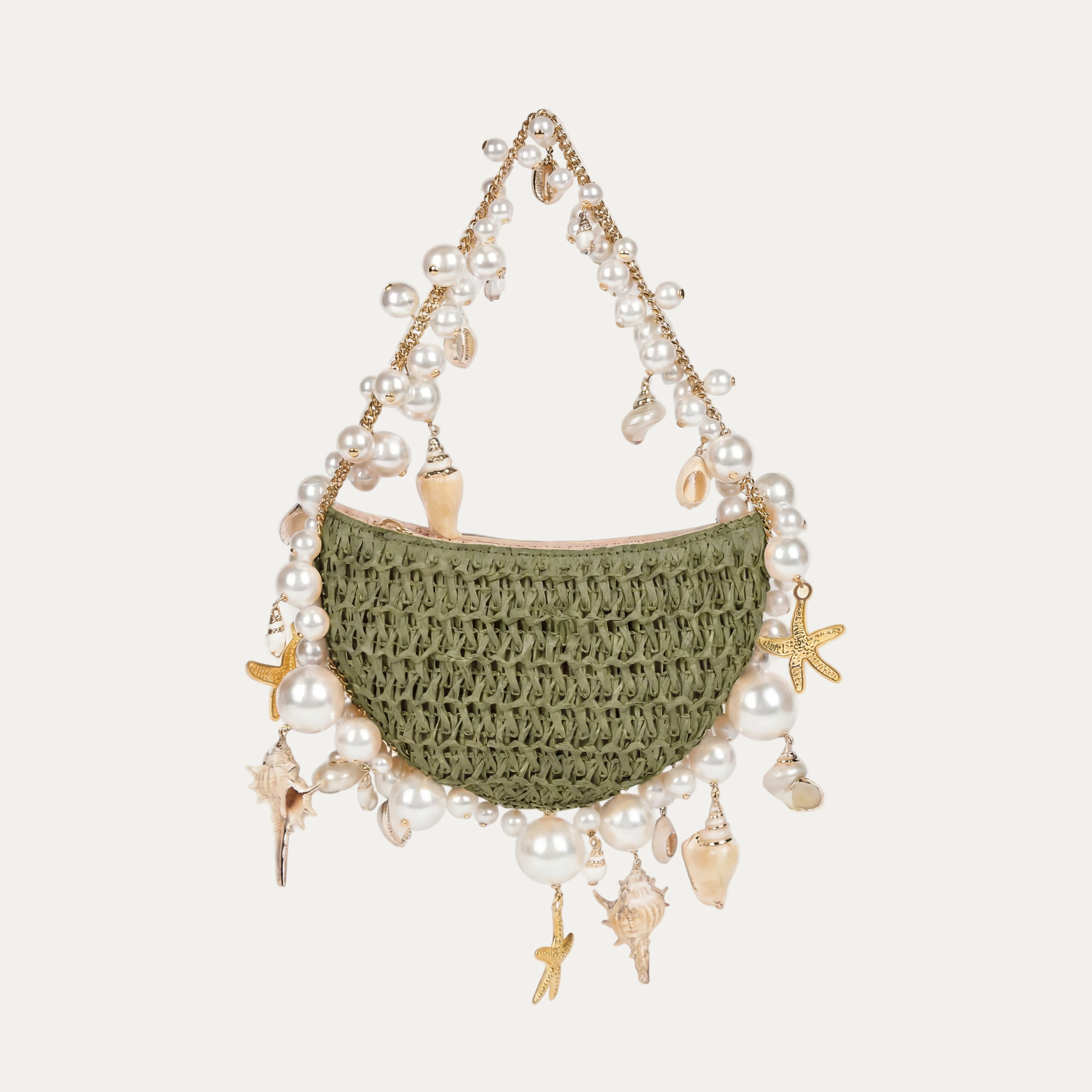 Verde Palma Cowrie Shell, Pearl & Starfish Raffia Hobo Bag
