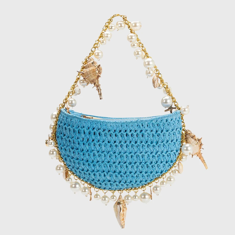 Mini Bahari Raffia Shoulder Bag - Riviera Blëu