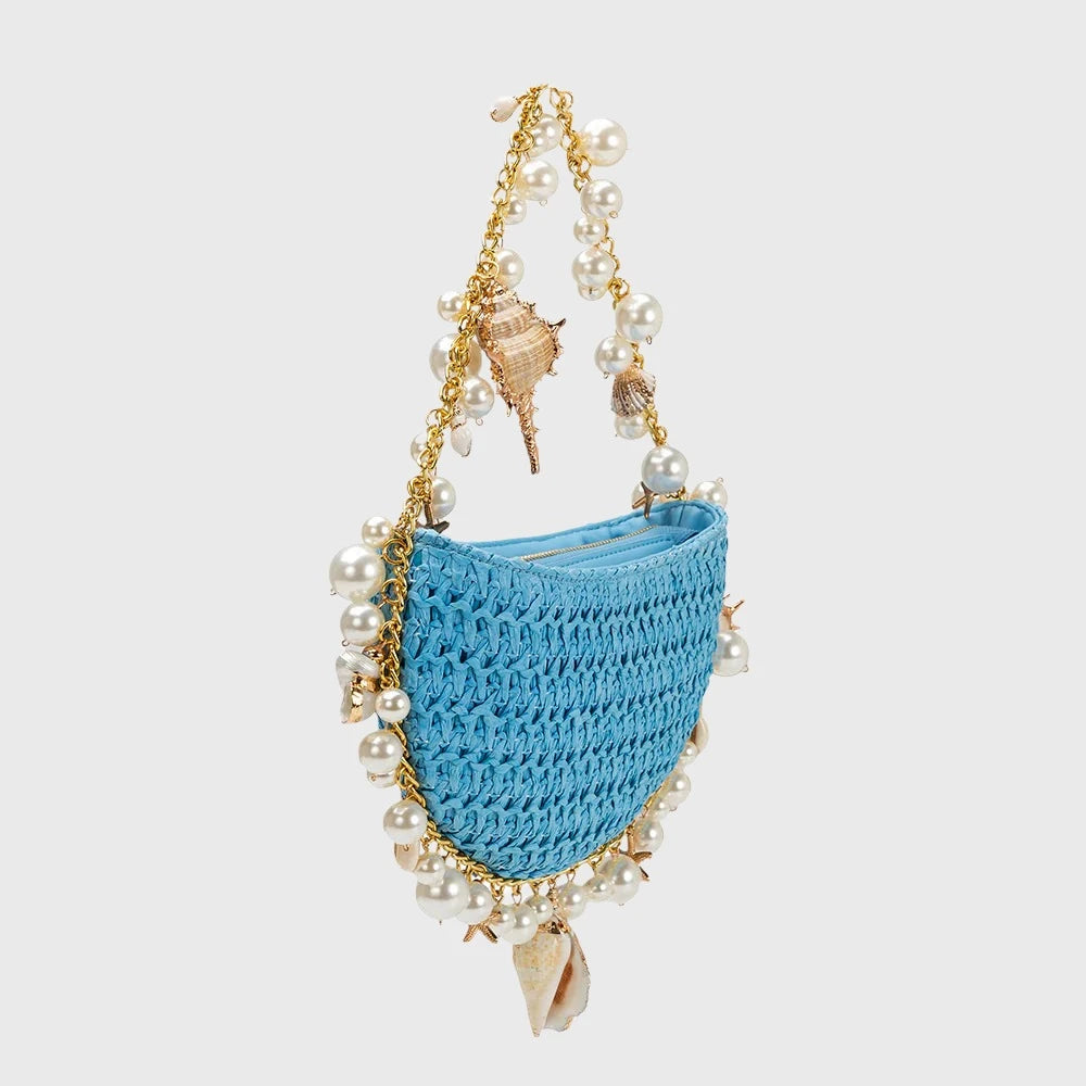 Mini Bahari Raffia Shoulder Bag - Riviera Blëu