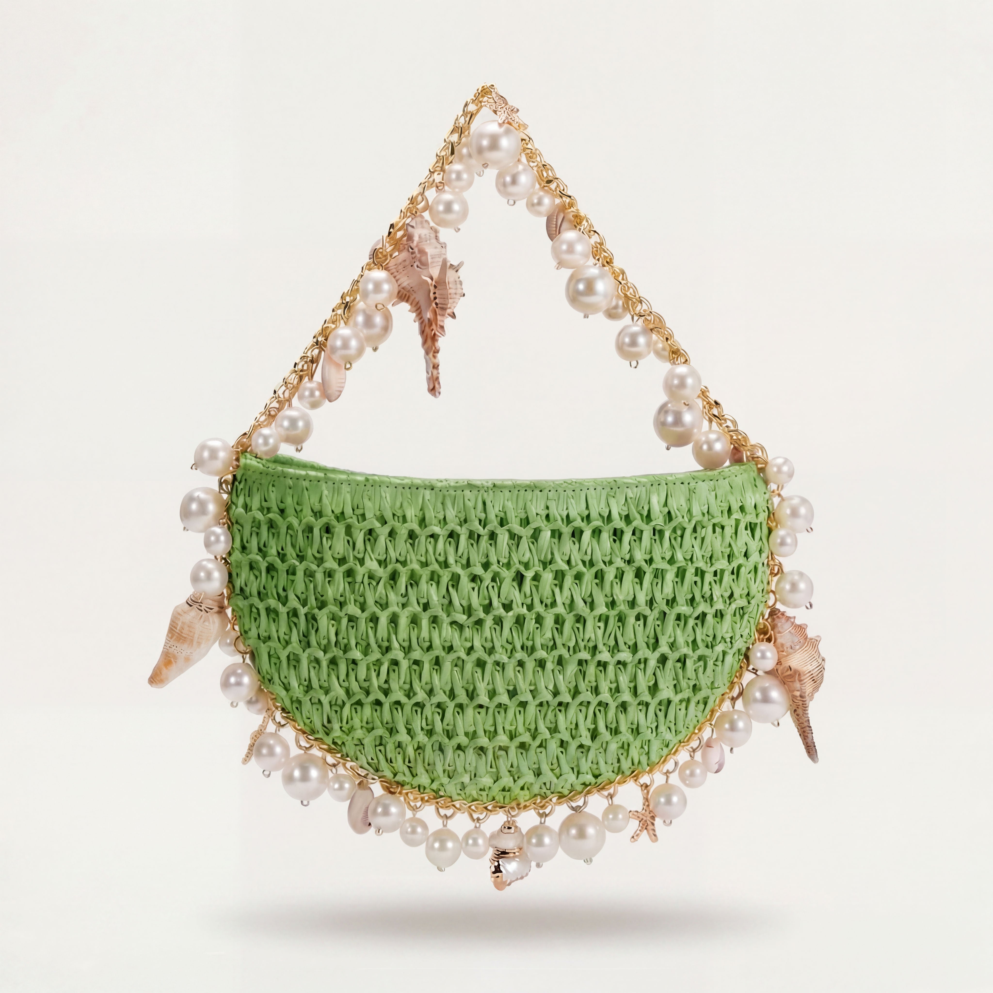 Mini Bahari pearl and shell embellished handwoven raffia shoulder bag in Coastal Mint, gold hardware, Vohandas