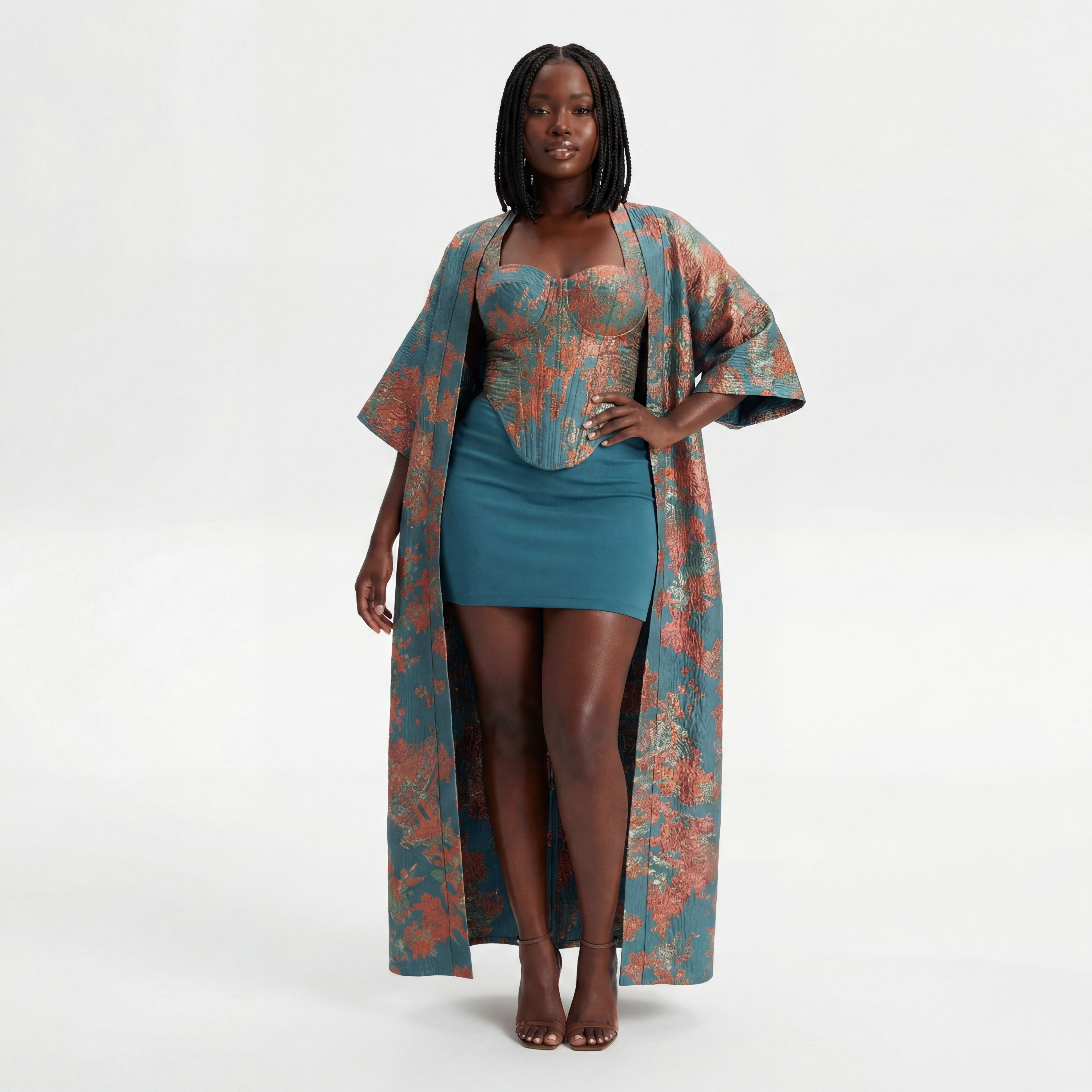 Teal & Coral Zari Skirt Set