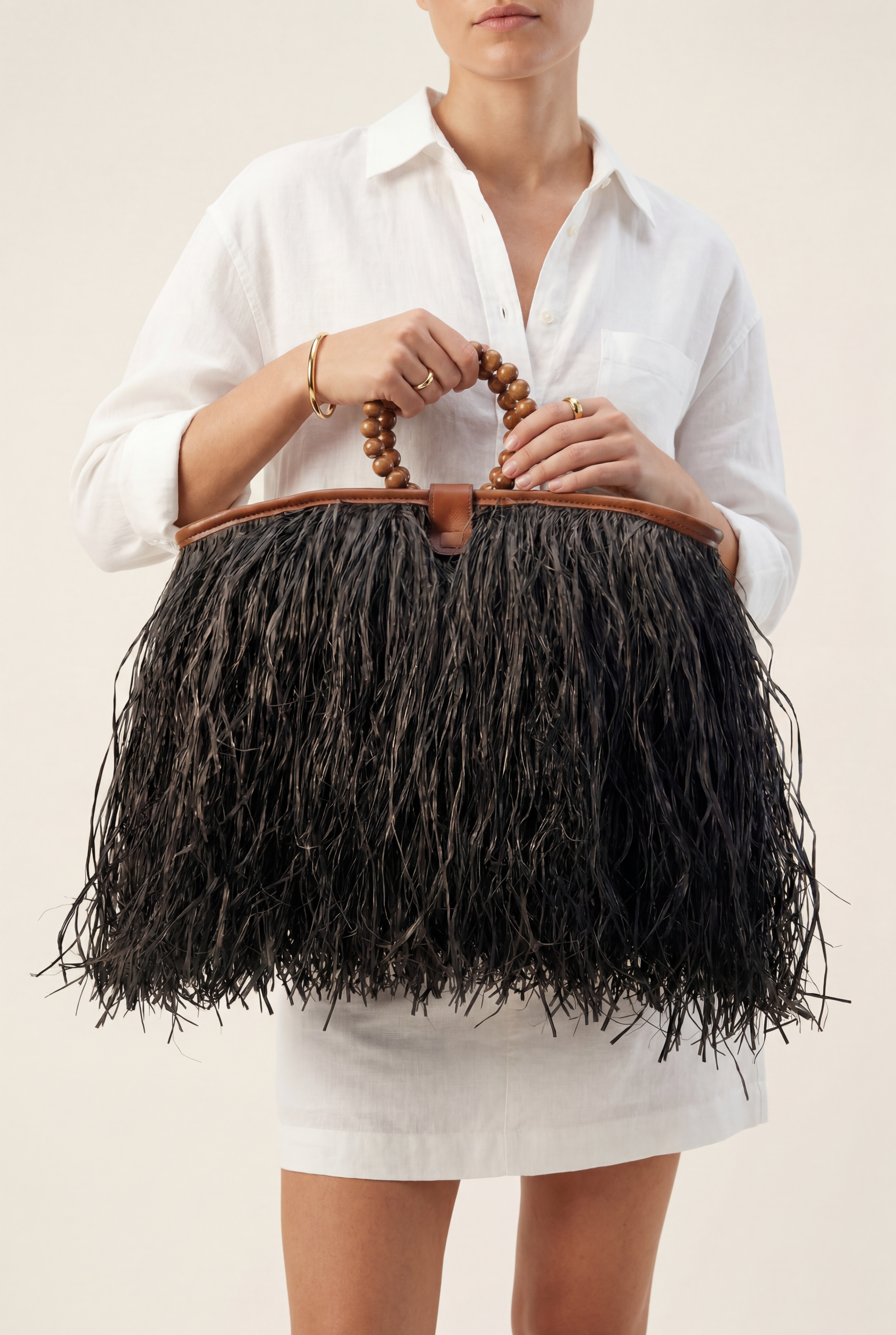 Maji Raffia Fringe Tote in Black-1