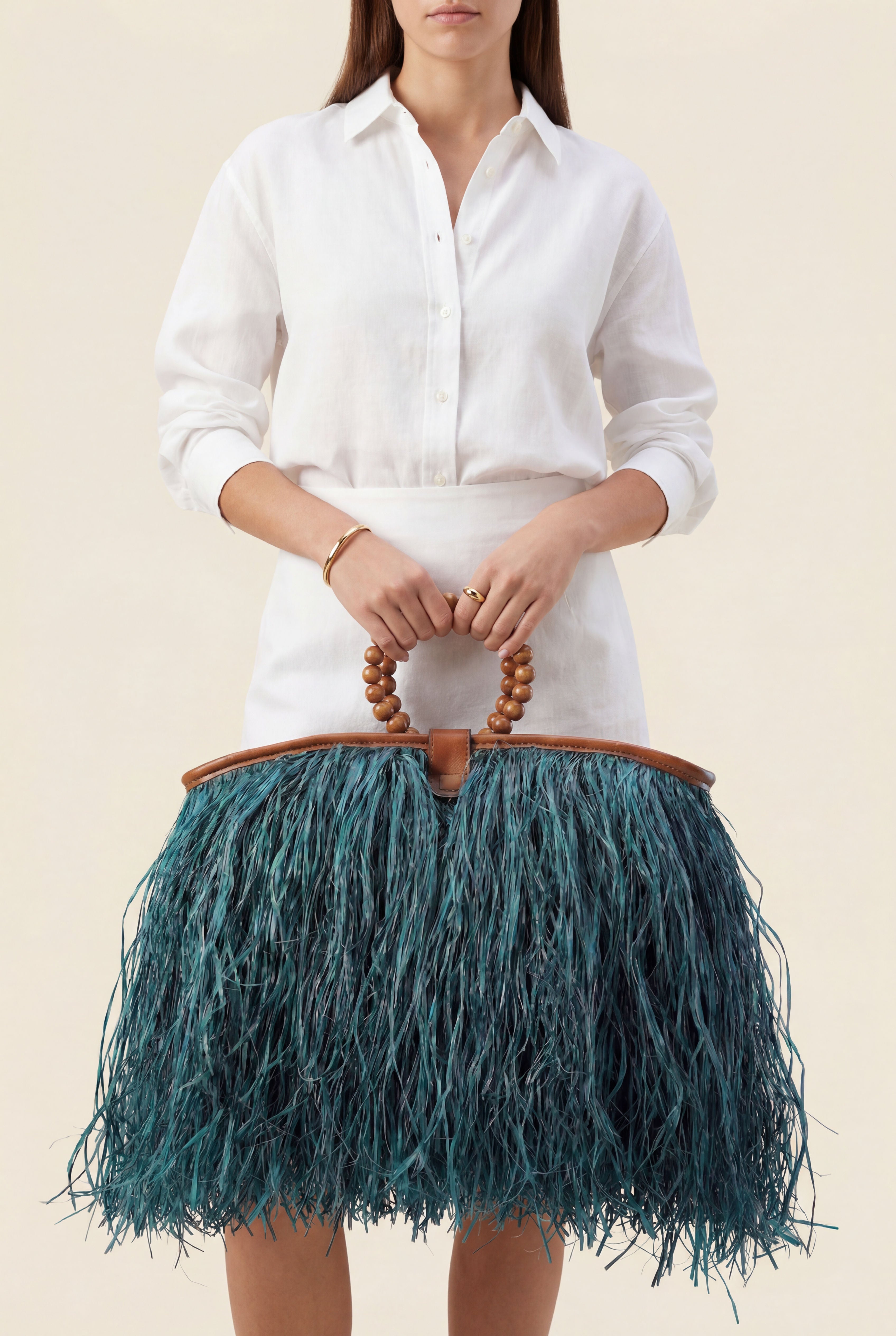 Maji Raffia Fringe Tote in Deep Teal-1