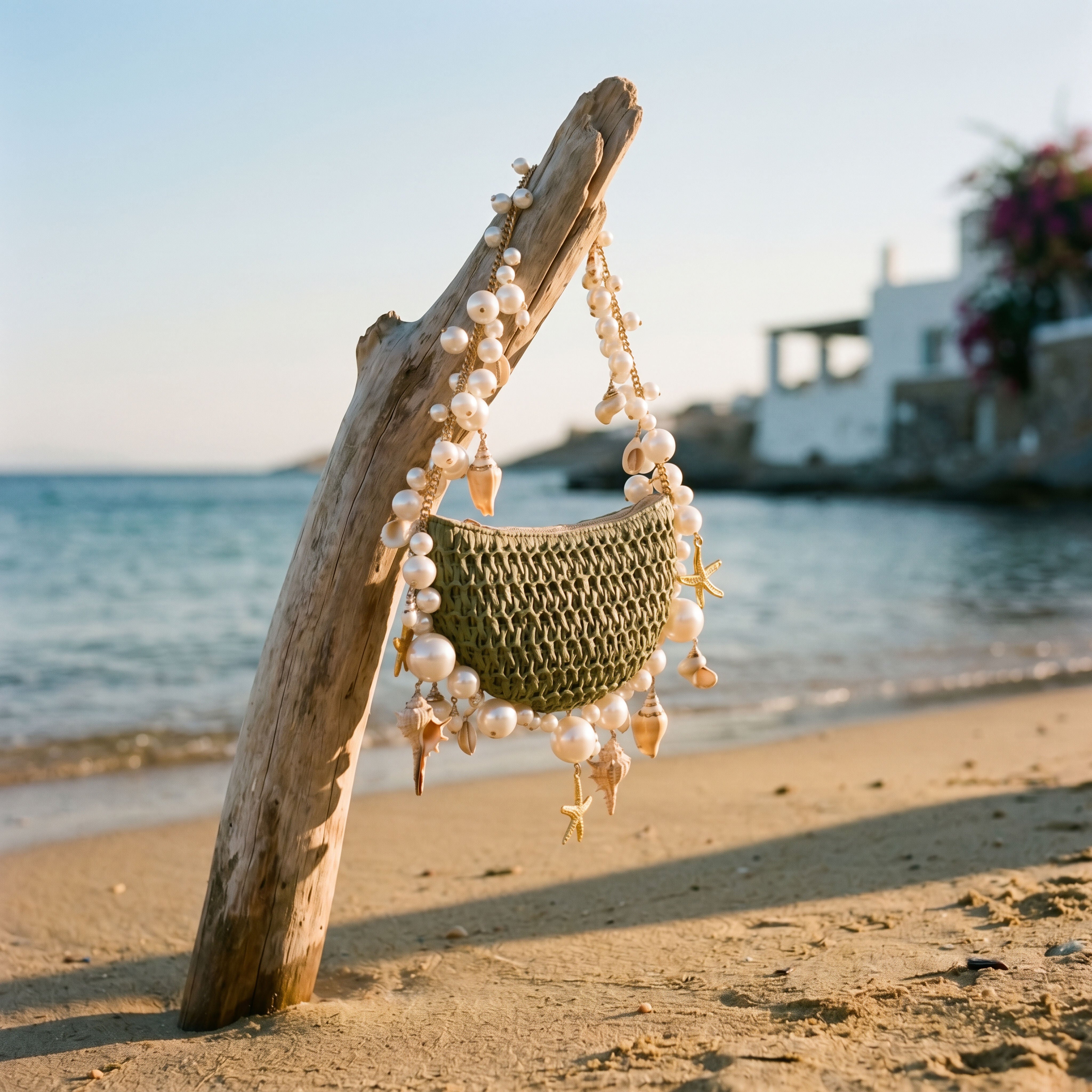 Verde Palma Cowrie Shell, Pearl & Starfish Raffia Hobo Bag