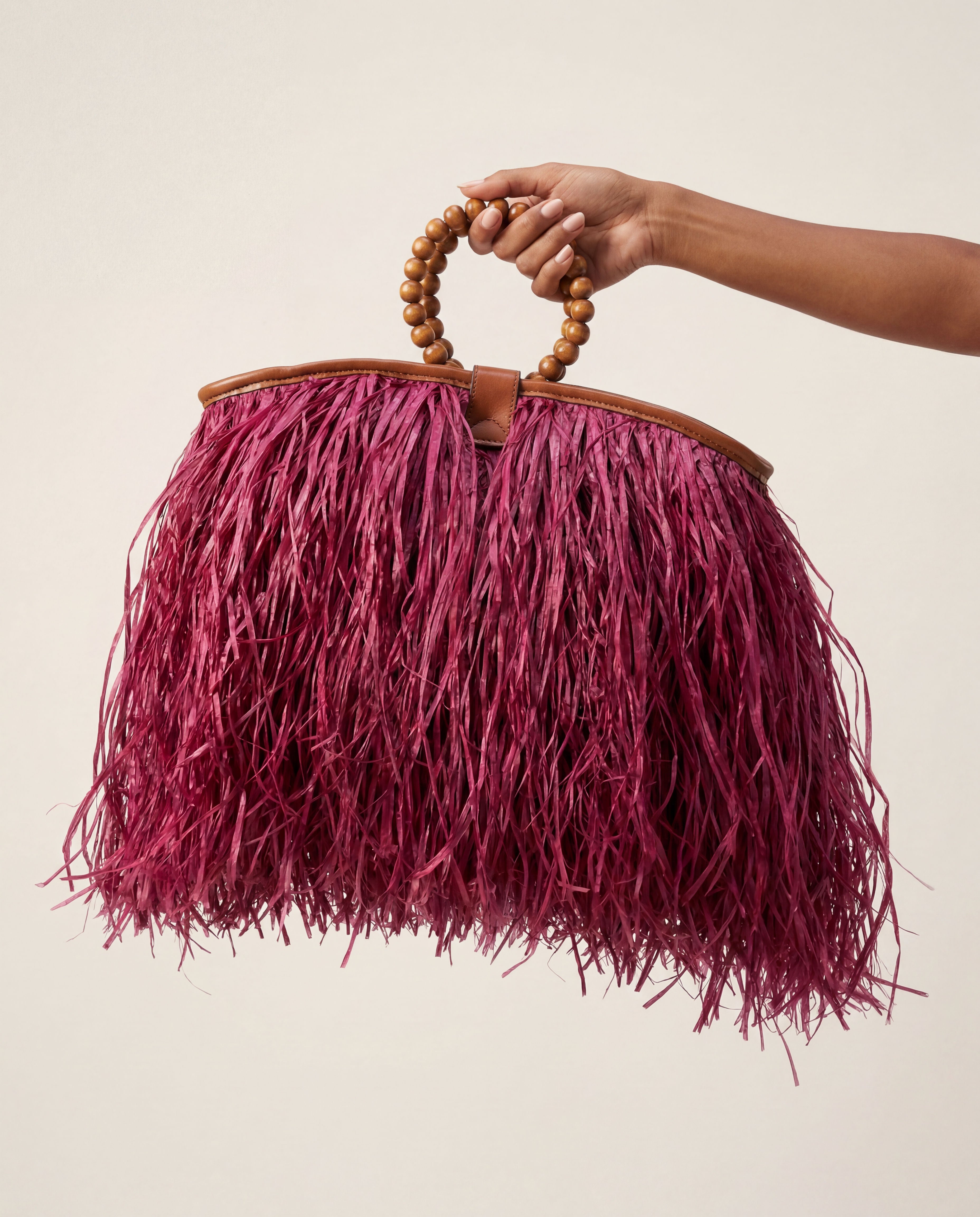 Maji Raffia Fringe Tote in Dark Fuchsia-2