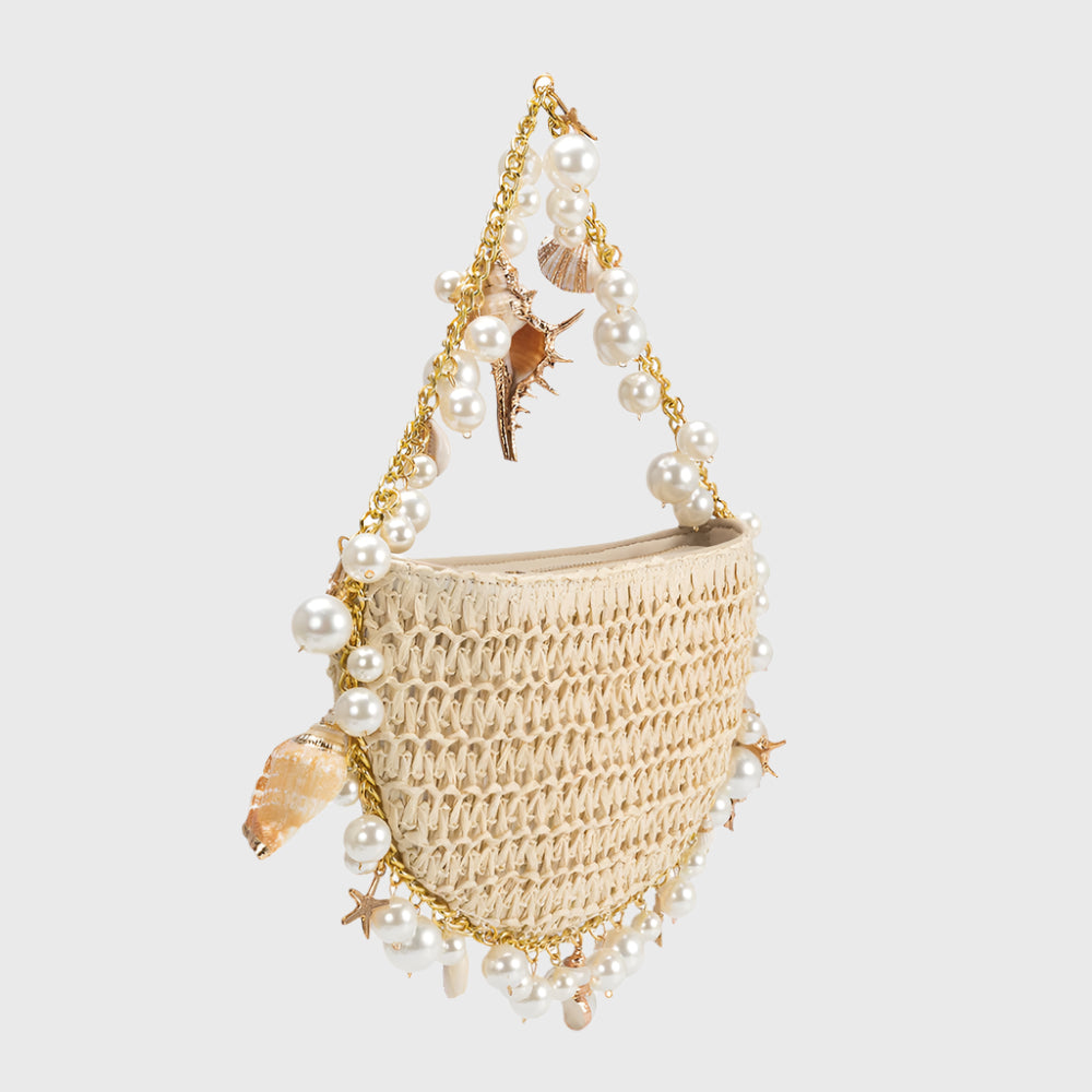Minimalist Bahari Raffia Shoulder Bag - Sable Crème