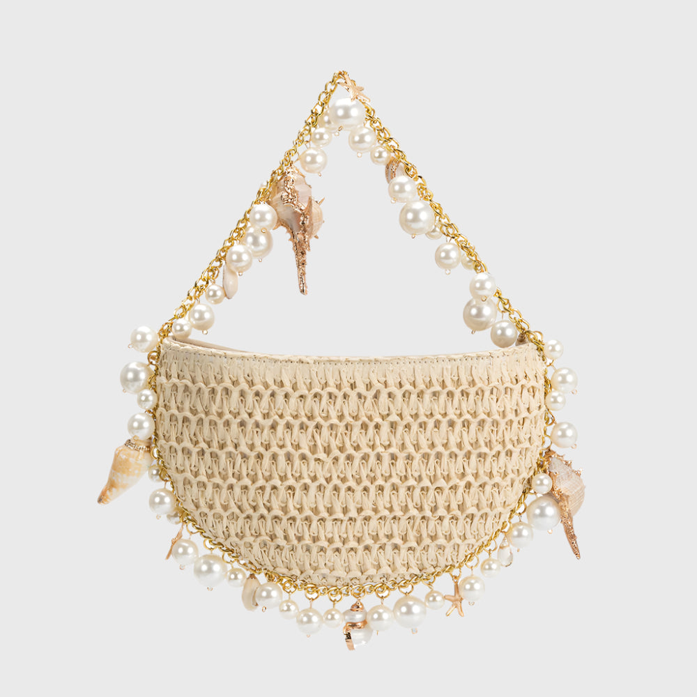 Minimalist Bahari Raffia Shoulder Bag - Sable Crème