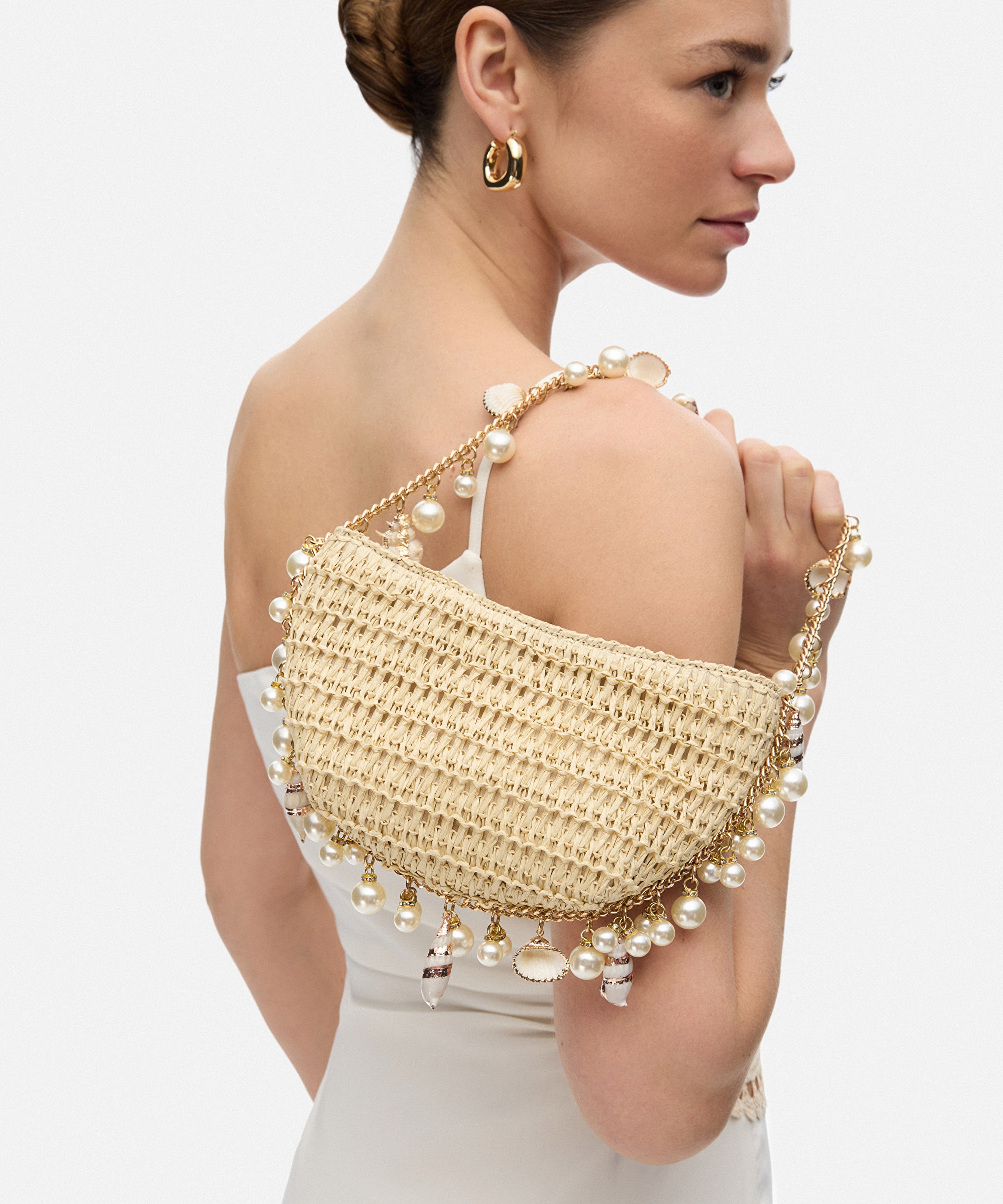 Pearl & Shell Embellished Raffia Mini Bag in Sable Crème | Bahari