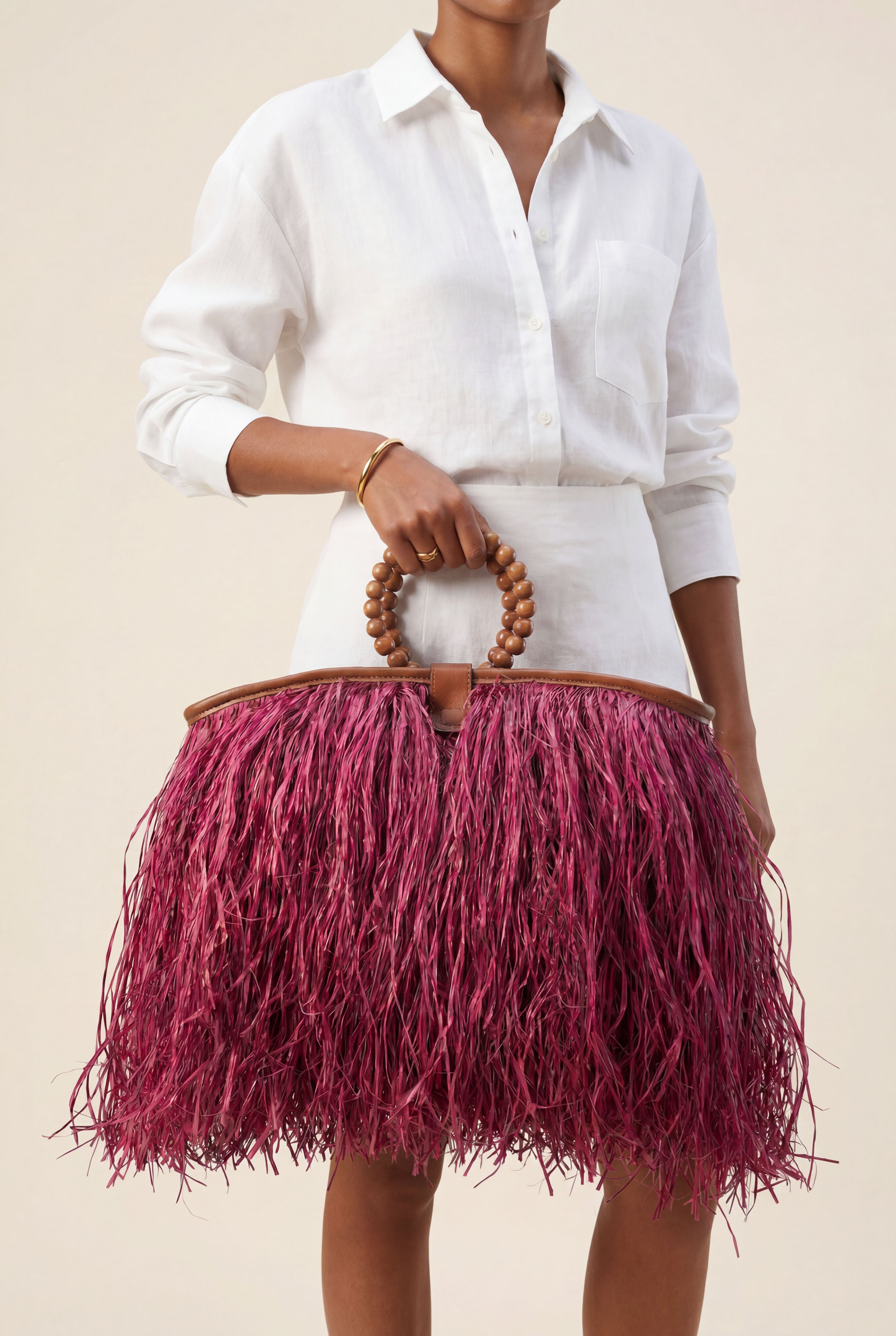 Maji Raffia Fringe Tote in Dark Fuchsia-1
