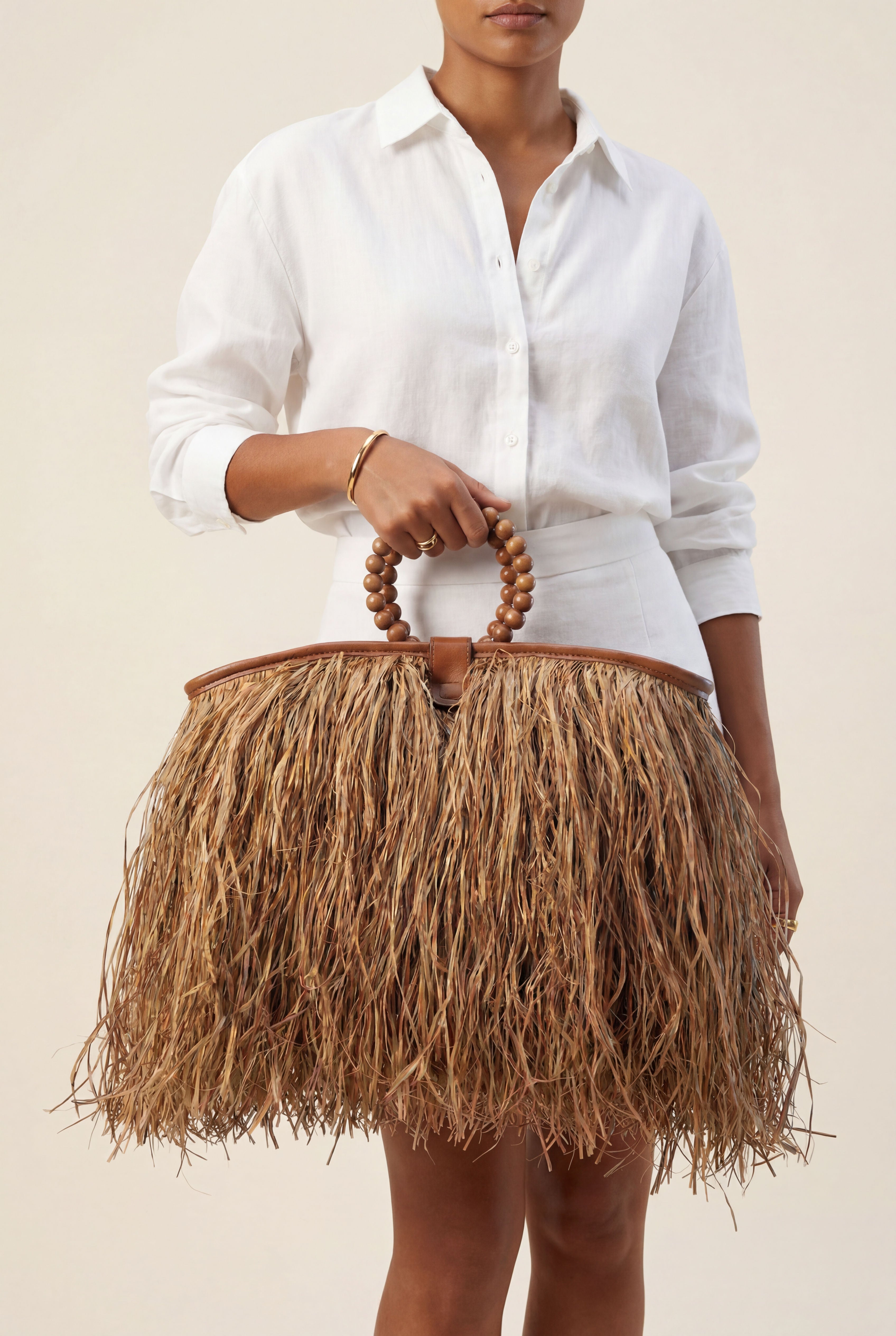 Maji Raffia Fringe Tote in Natural Brown-2