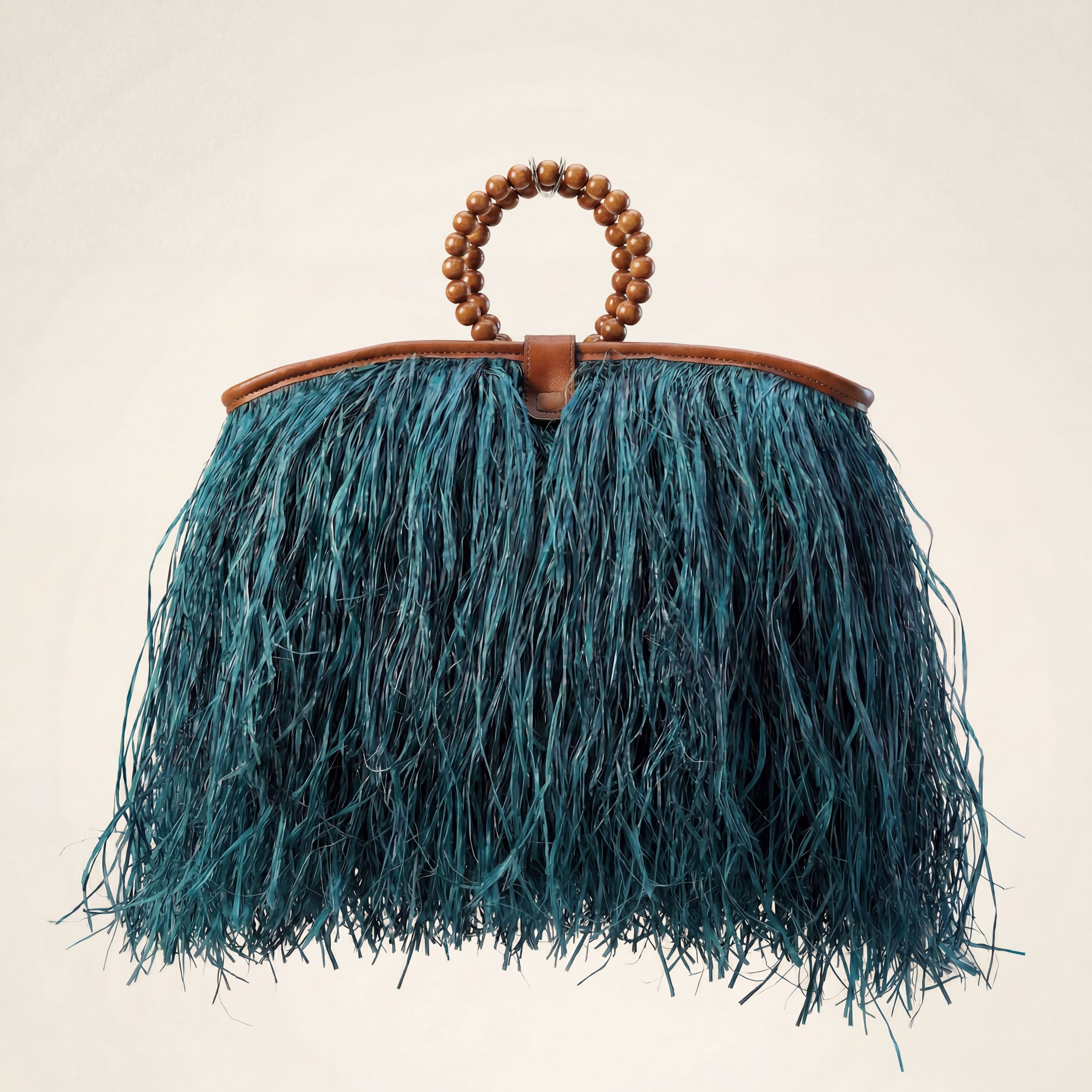 Maji Raffia Fringe Tote in Deep Teal-2