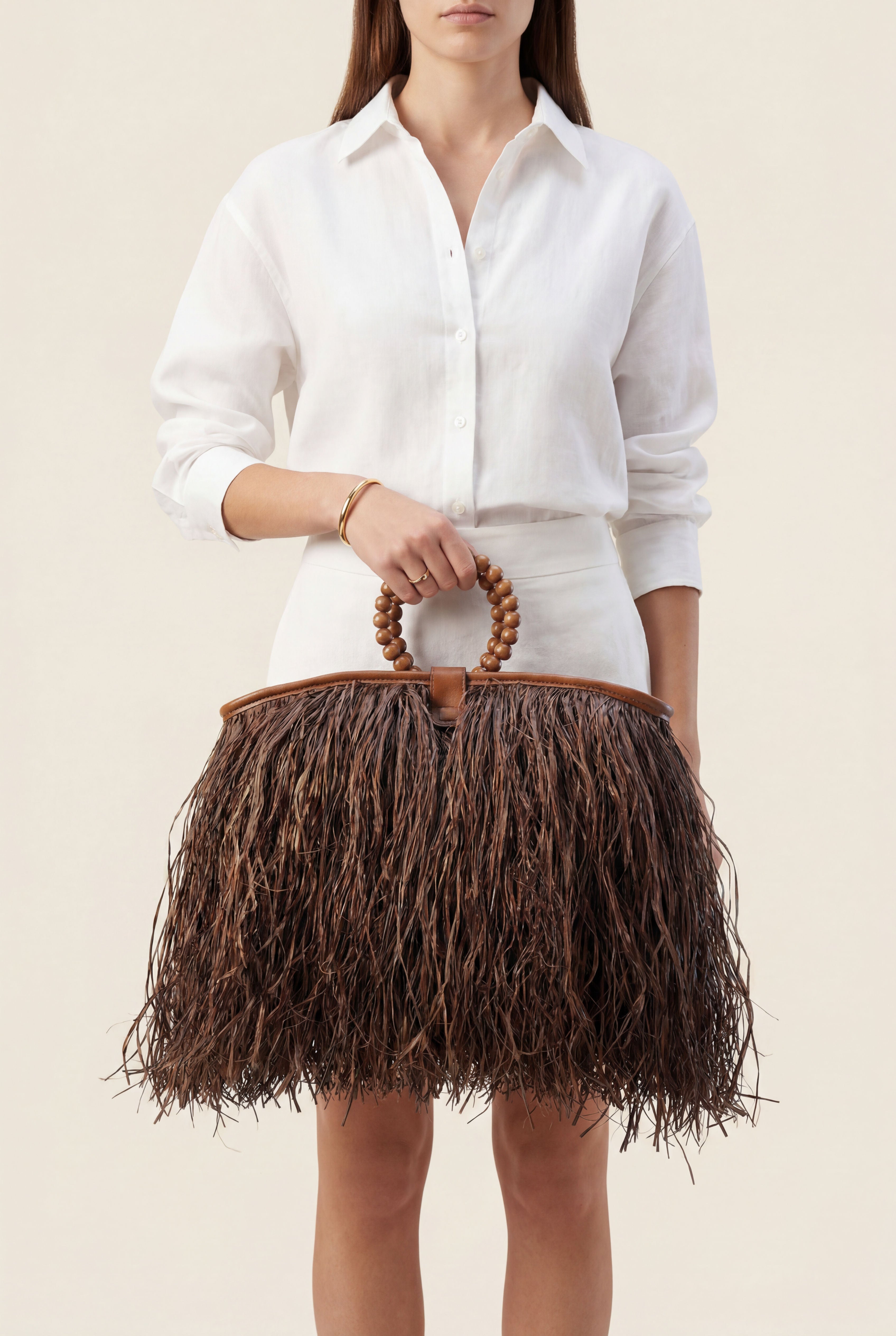 Maji Raffia Fringe Tote in Brown-2