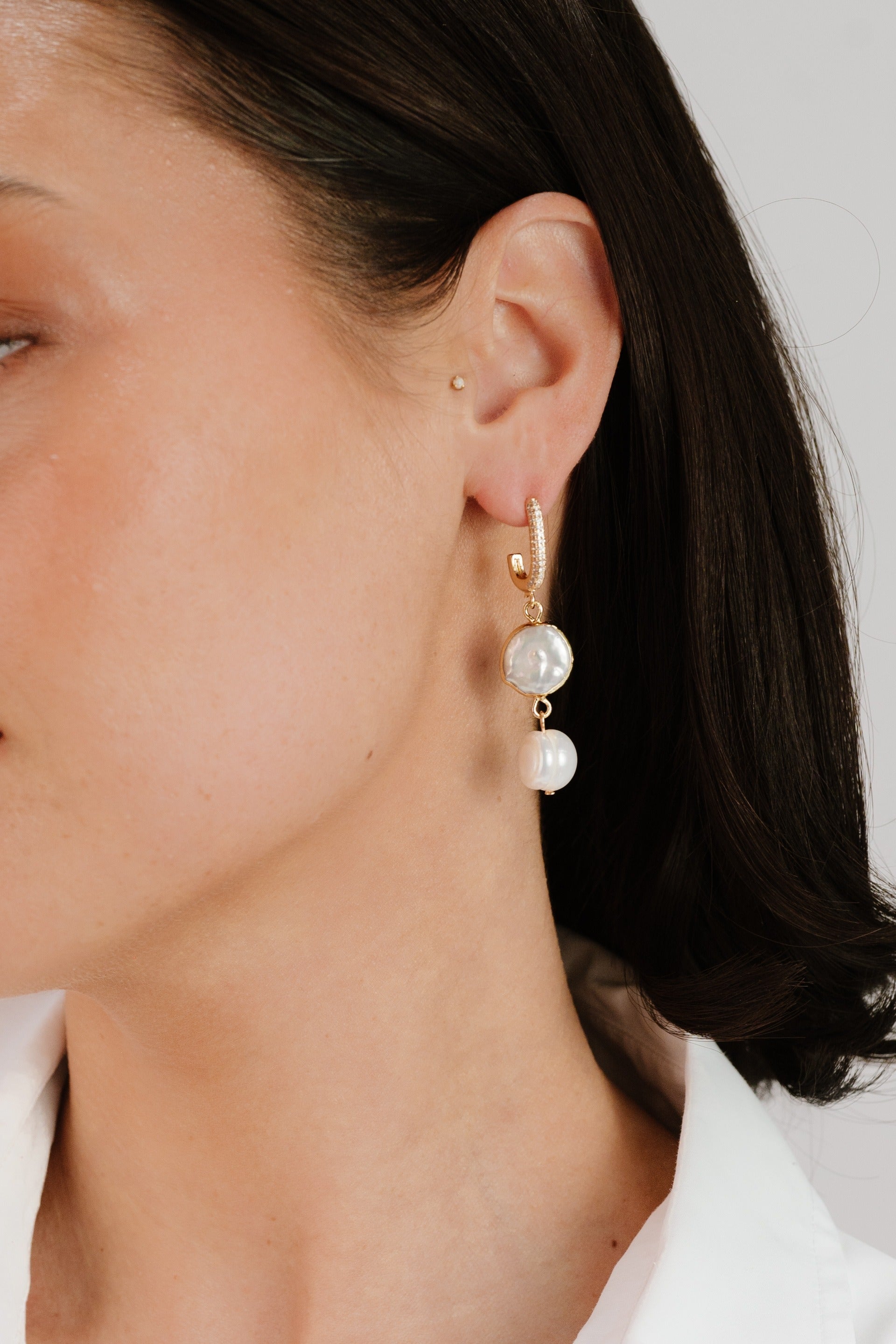 Dangling Freshwater Pearl Huggie Hoop Earrings-6