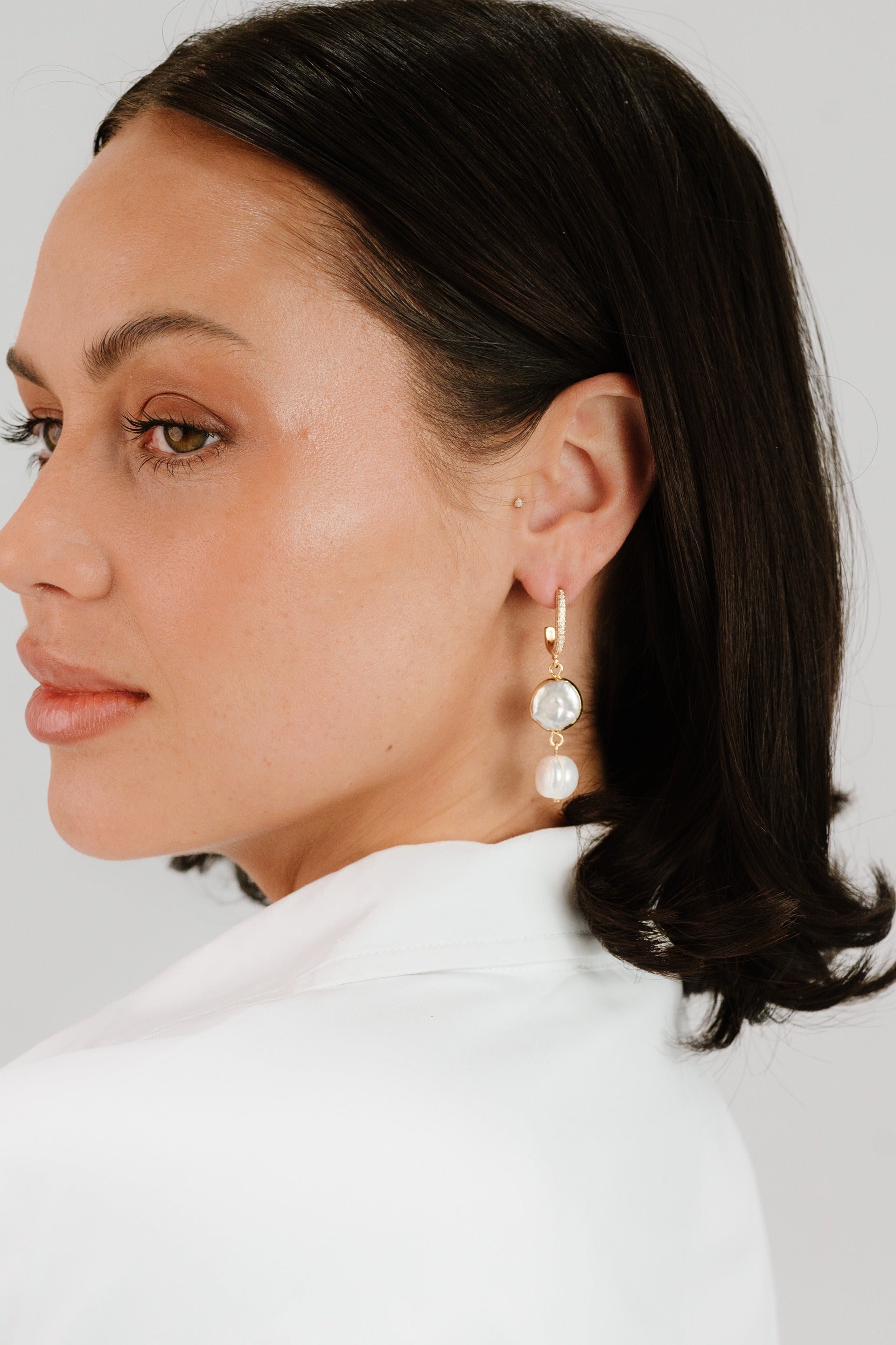 Dangling Freshwater Pearl Huggie Hoop Earrings-7