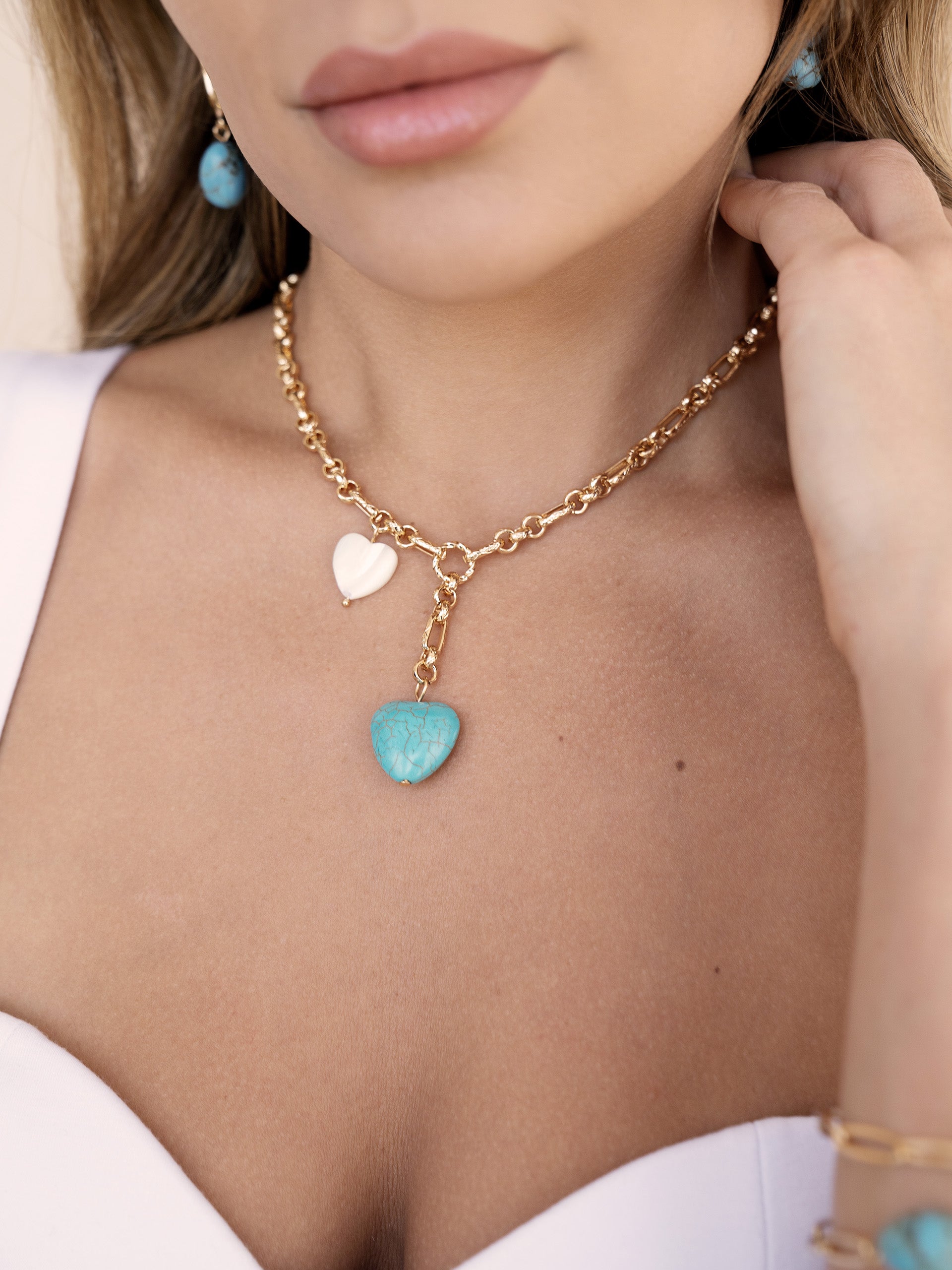 Turquoise and Pearl Hearts Lariat-4