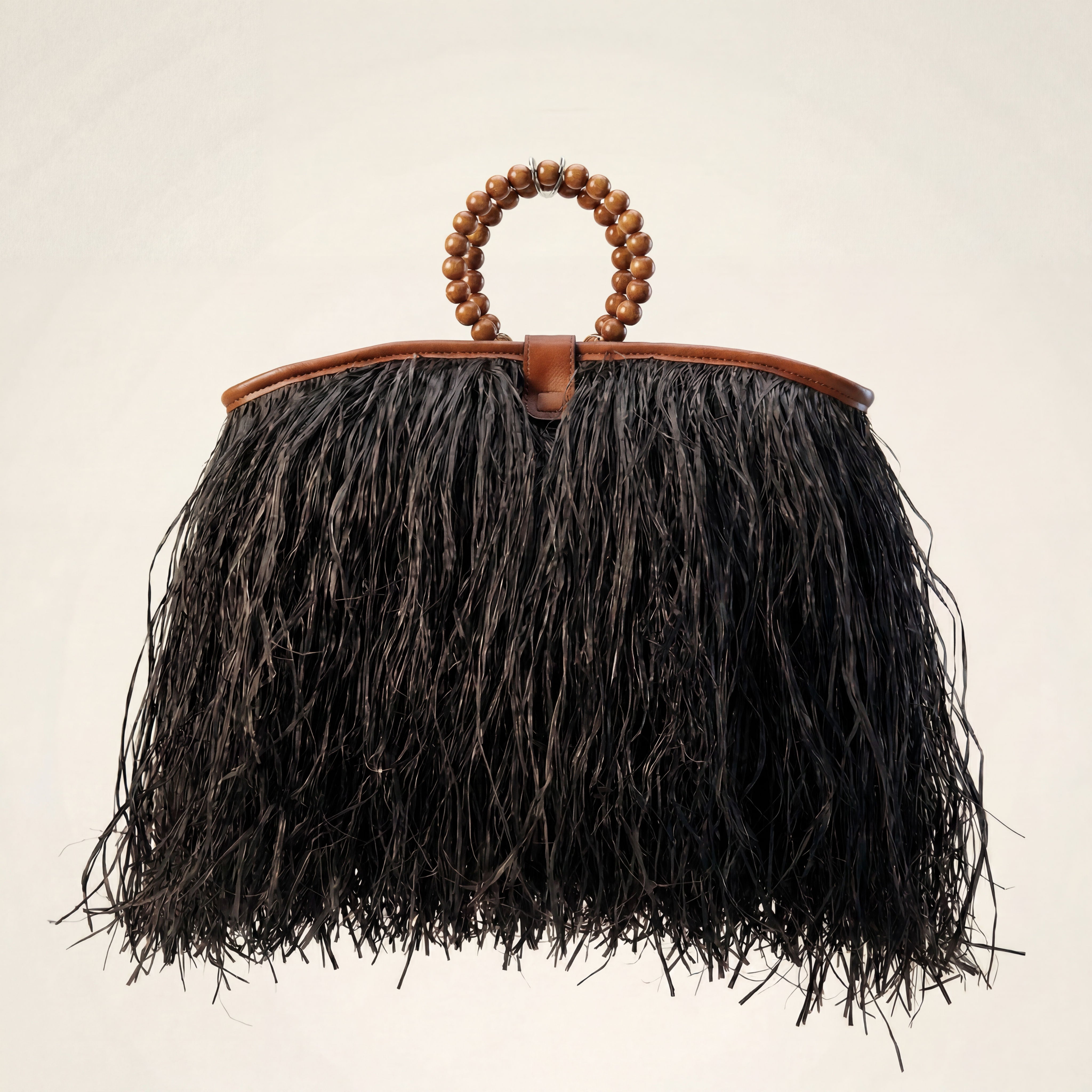 Maji Raffia Fringe Tote in Black-2