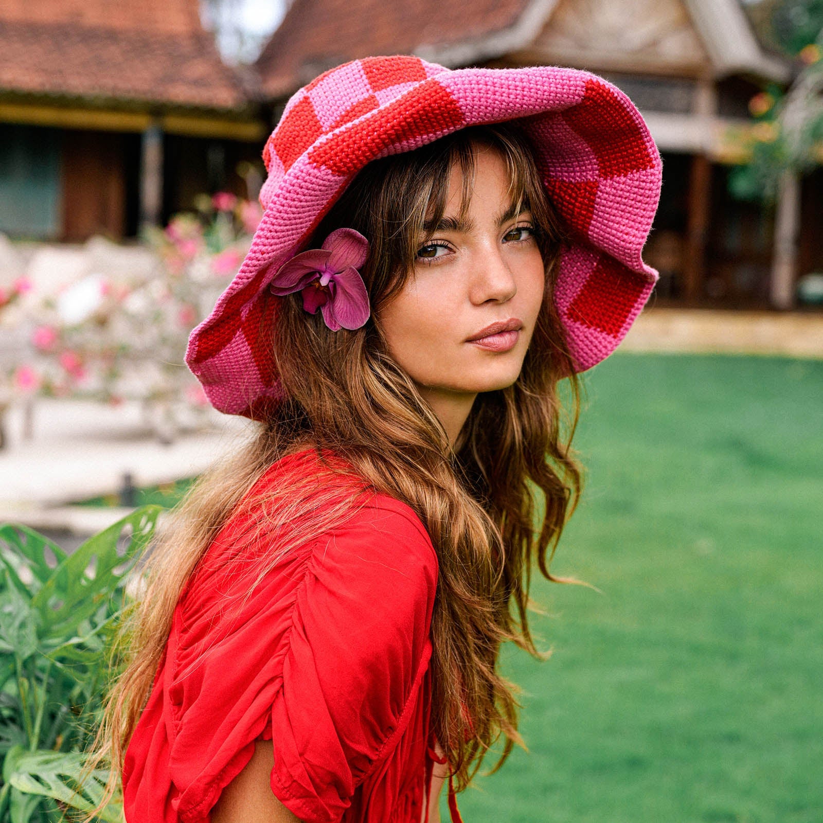 Shilo Checkered Crochet Hat In Red & Pink-5