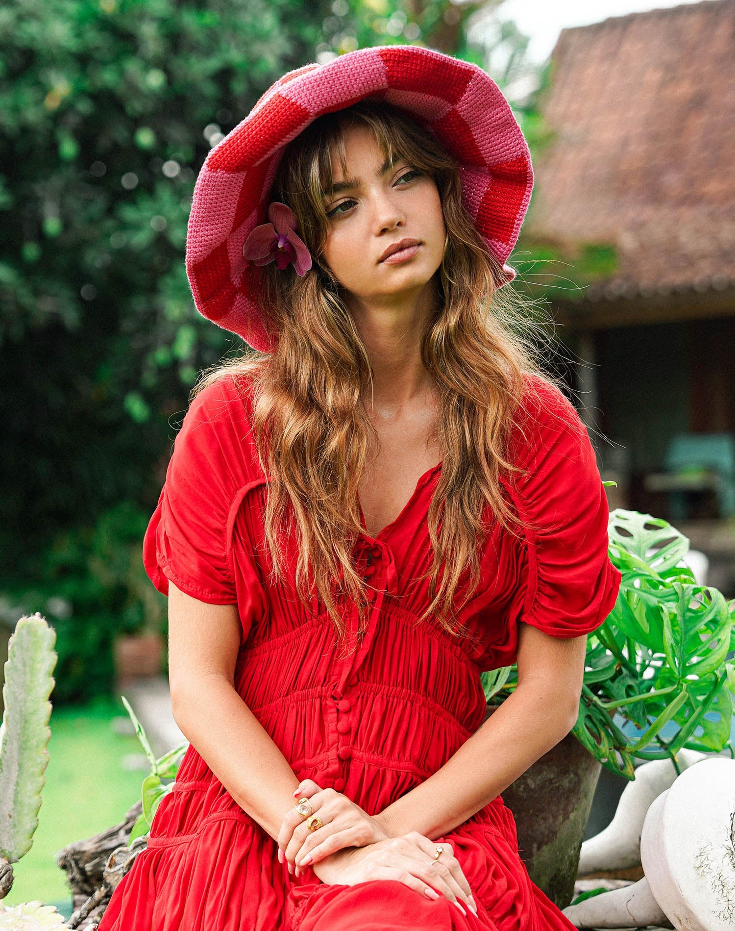 Shilo Checkered Crochet Hat In Red & Pink-3