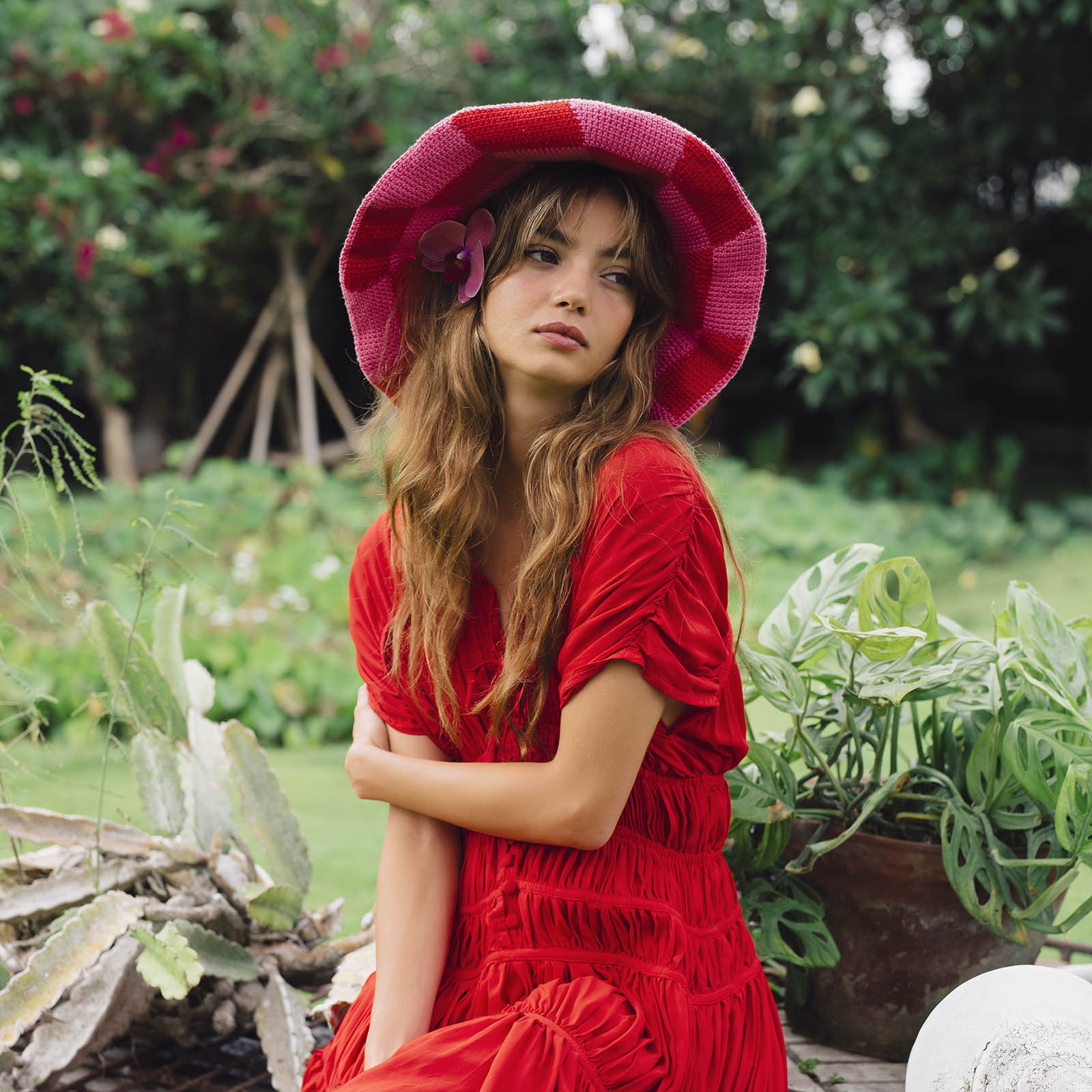 Shilo Checkered Crochet Hat In Red & Pink-4